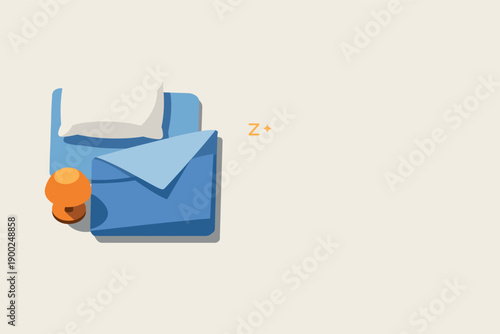 Minimal healthy sleep routine concept with pillow blanket and bedside lamp loosely arranged seen from a top-down angle, offset to