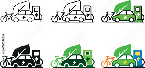 Eco mobility icon depicting an electric car, bicycle, charging station, and leaf representing sustainable mobility solutions,