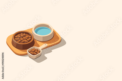 Minimalist Cat Feeding Setup. Cat feeding routine concept with simple cat bowl food scoop and water dish arranged neatly seen from