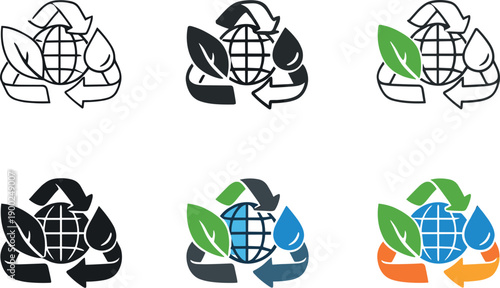 Balanced economy icon combining a leaf, globe, recycle symbol, and water drop, representing sustainable growth, market stability,
