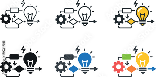 Process innovation icon depicting light bulbs, gears, flowcharts, and idea symbols representing creative thinking, product