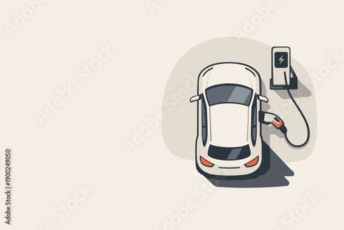 Calm electric vehicle charging concept with EV car and plug slightly angled for balance shown from above, arranged in the right