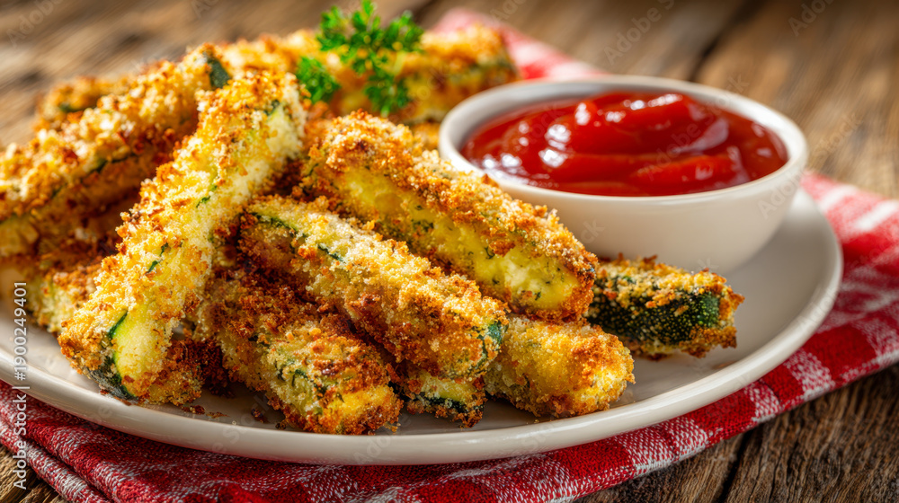 Fototapeta premium Crispy golden zucchini fries served with a bowl of vibrant red dipping sauce on a white plate placed on a red and white checkered cloth background