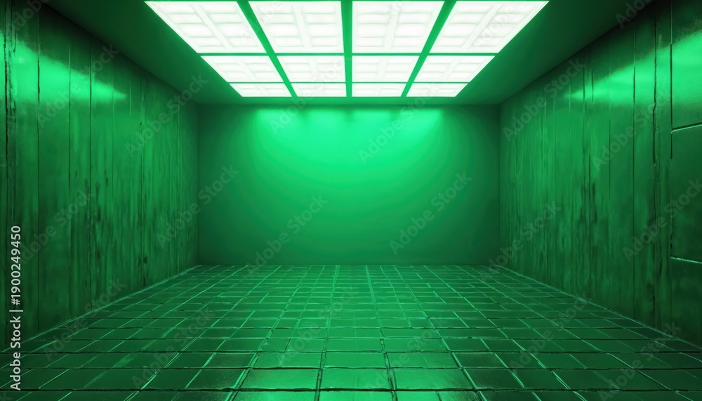 Fototapeta premium Green room interior with tiled floor and illuminated ceiling panels. Empty space with smooth walls and bright ambient light. Minimalist geometric design.