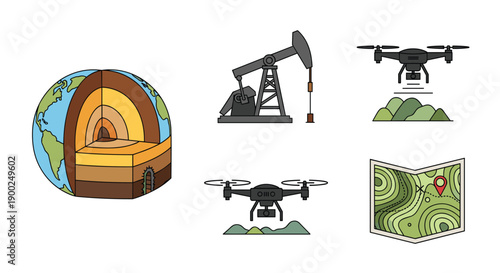 Set of geological and oil exploration icons featuring Earth's core, an oil pump, drones, and a topographic map on white.