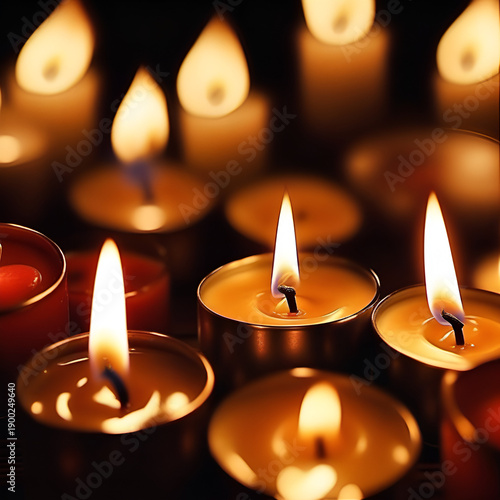 Warm glowing candles with flickering flames in dim light  