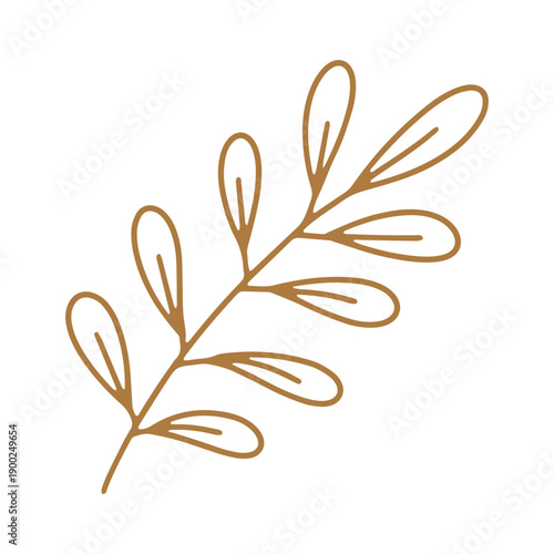 A minimalist golden brown line drawing of a delicate leaf branch on white background. Doodle