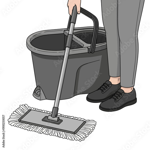 Cleaning Time: A person is ready for mopping the floor to sanitize. A bucket and mop present for cleaning activity.