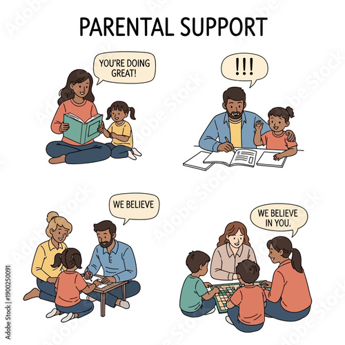 Parental Support: A comforting illustration depicts a parent-child relationship focused on encouragement, support, belief, guidance, reassurance, trust. 