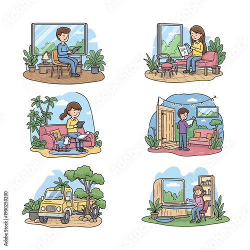 Creative Work and Leisure in Home: A collection of charming scenes showcasing a person's creative work and leisure activities in various home settings. Includes digital art, working with tablet.