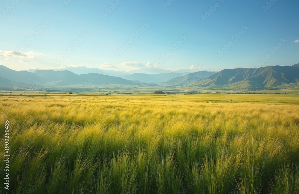 Fototapeta premium Golden barley field undulates under blue sky with distant hazy mountains. Wind blows through tall grass on farmland. Peaceful rural scenery evokes calm.