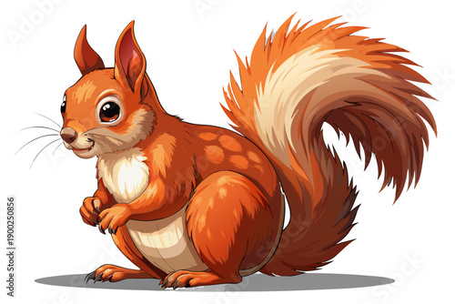 Isolated Eurasian red squirrel Sciurus vulgaris standing on hind paws and looking ahead sweetly detailed fur cute alert pose on transparent background