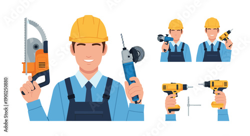 Smiling construction worker in protective gear holding an angle grinder and reciprocating saw, with drill inserts on