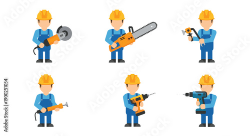 Group of male workers in hard hats showcasing various power tools including angle grinder, chainsaw, hacksaw, and