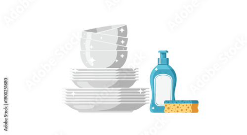 Stacked sparkling white dishes including bowls and plates, displayed with dish soap bottle and yellow sponge on white.