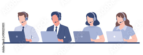 A group of customer service representatives working at a call center with laptops and headsets