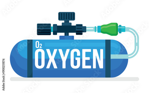 An oxygen tank with a green valve and blue body on a white background