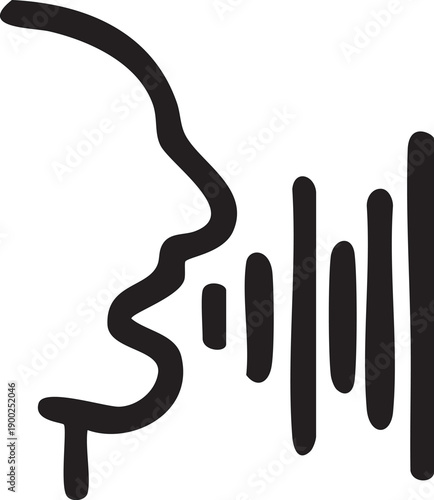 Abstract outline of a human face with sound waves representing voice speech or audio communication isolated on white