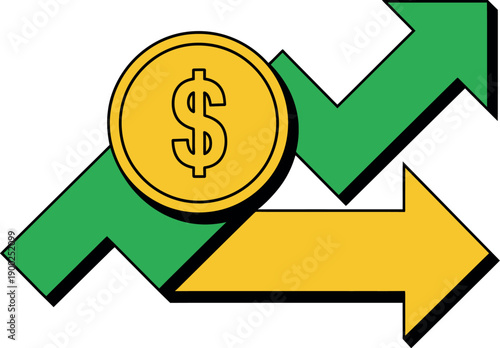 A graphic illustration of a dollar coin with two arrows pointing upwards, symbolizing financial growth and success.