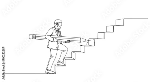One line art continuous drawing of a businessman climbing stairs carrying a large pencil, symbolizing success and creativity