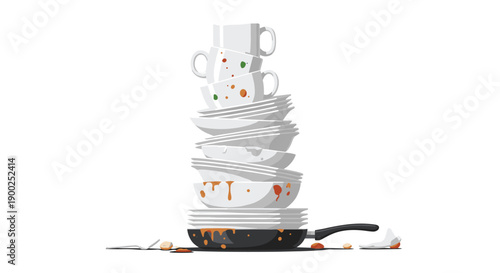 Tall stack of uncleaned kitchen dishes, cups, bowls, and plates sitting on a greasy frying pan with scattered food