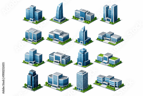 Modern city buildings icon set with office towers, commercial properties and urban architecture elements