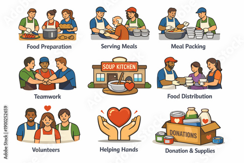 Food donation and volunteer service icons set with preparation, serving meals, distribution and charity supplies
