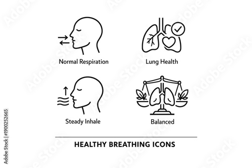 Healthy breathing line icons set with normal respiration, lung health, steady inhale and balanced wellness symbols