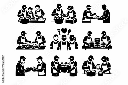 Volunteer and charity silhouette icons set with food donation, community support and humanitarian aid scenes