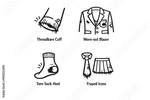 Worn uniform damage icons set with threadbare cuff, worn out blazer, torn sock heel and frayed skirt line art