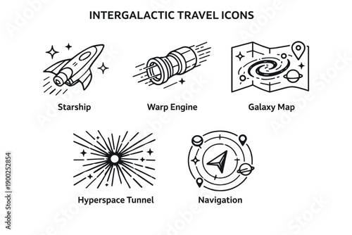Intergalactic travel line icons set with starship, warp engine, galaxy map, hyperspace tunnel and space navigation
