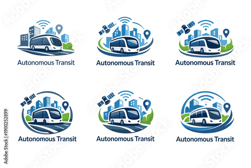 Autonomous transit icons set with self driving bus, smart city connectivity and wireless transportation concept