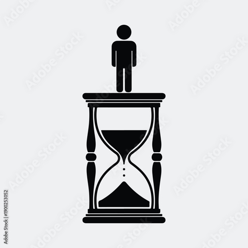 Human figure standing on top of hourglass time passage concept silhouette vector illustration