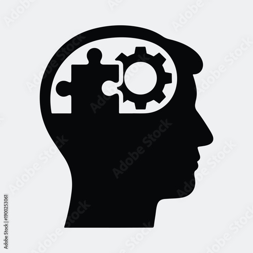 Human head profile brain puzzle piece gear mechanism intelligence concept silhouette vector illustration