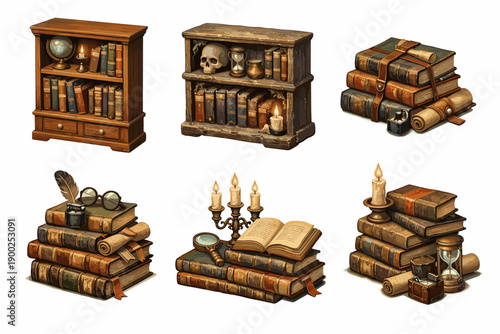 Antique books and vintage library illustration set with old book stacks, wooden bookshelves and classic literature decor