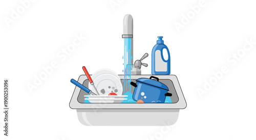 Running water in a kitchen sink with a blue pot, dirty dishes, cutlery, and a blue dish soap bottle on white.