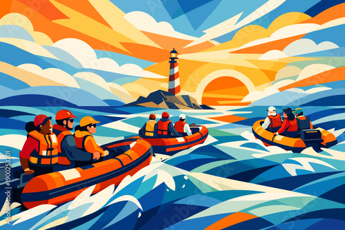 Rescue team in inflatable boats illustration with ocean waves and lighthouse for maritime safety and emergency response concept