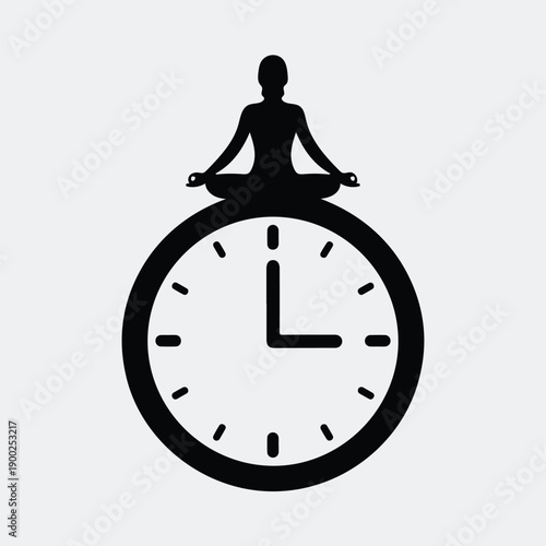 Person meditating on top of a clock symbolizing peace and time management silhouette vector illustration