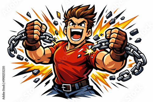 Man breaking chains illustration with explosive power, freedom concept and motivational breakthrough theme