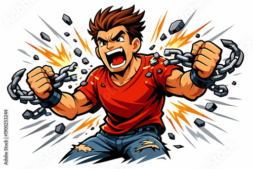 Man breaking chains illustration with explosive energy, freedom concept and powerful motivation theme