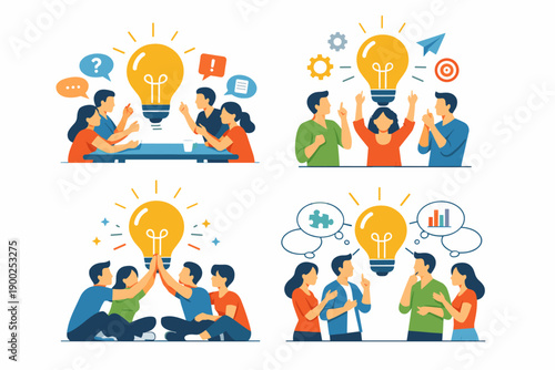 Team brainstorming and innovation illustration set with idea generation, collaboration and business strategy concept