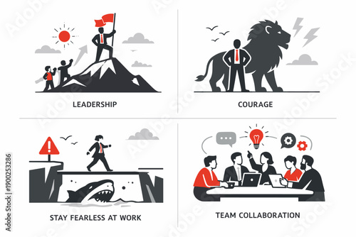 Leadership and courage illustration set with teamwork, fearless work mindset and business collaboration concept