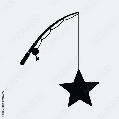 Simple black fishing rod catching big star aspiration success dream target silhouette vector illustration