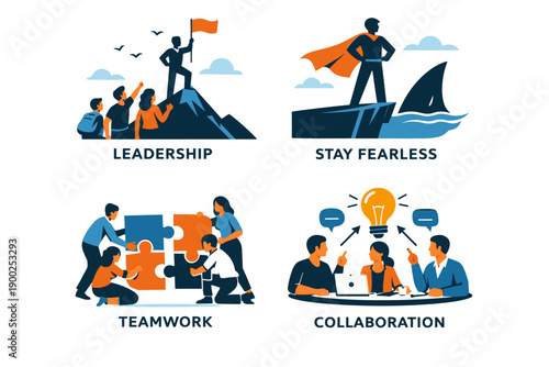 Leadership, teamwork and collaboration illustration set with business motivation and fearless success concept