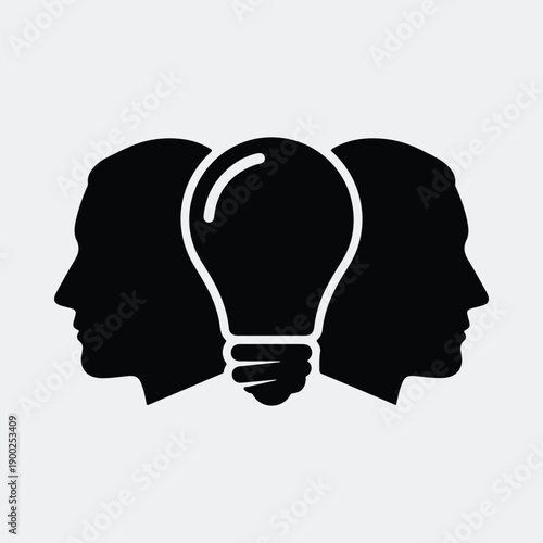 Two human heads facing outward with light bulb in center silhouette vector illustration