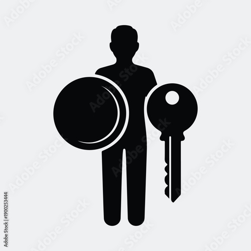 User with shield and key security protection access private data silhouette vector illustration