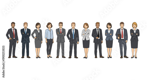 Diverse lineup of business people in professional attire, including men and women in various suits, standing on white.