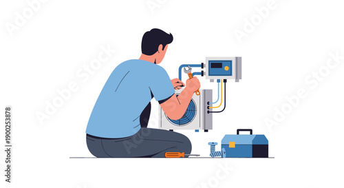 Male technician kneeling, repairing an air conditioning unit and control panel, surrounded by tools on white floor.