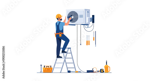 Male technician in safety helmet climbing a ladder to install an air conditioning unit on a wall, surrounded by tools