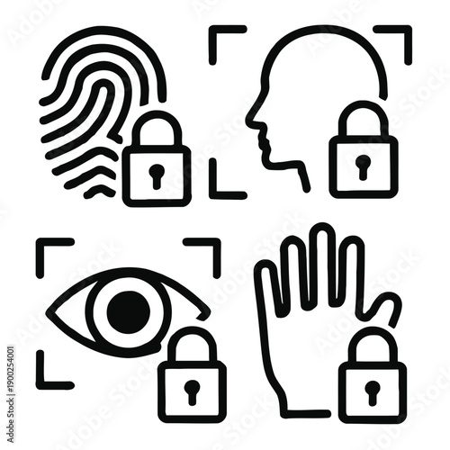 Security icons depicting fingerprint face eye hand and padlock symbols in black outlines